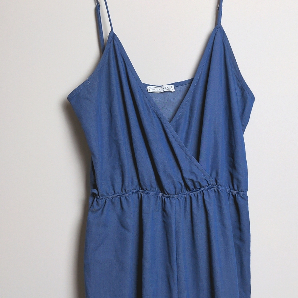 Denim-colored Soft V-neck Jumpsuit